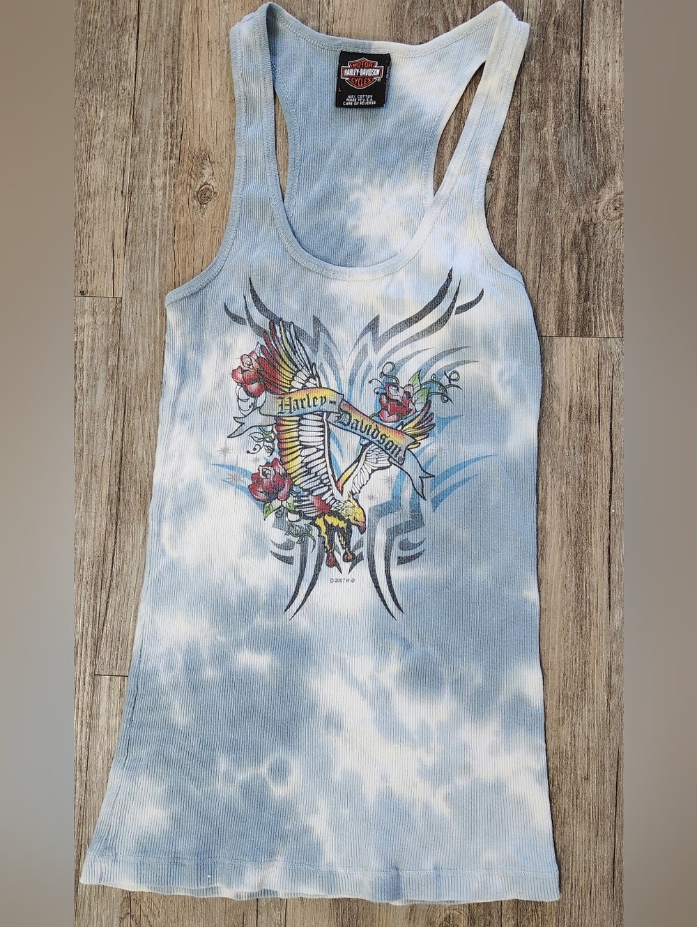 Harley-Davidson Light Blue Tie-Dye Eagle Graphic ribbed Tank Womens Large